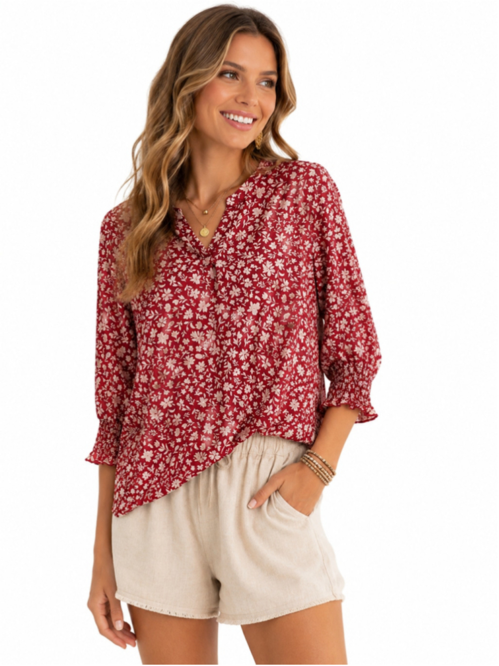 LOMON Women's Medium Red Floral Boho Blouse 3/4 Smocked Ruffle Sleeve V Neck